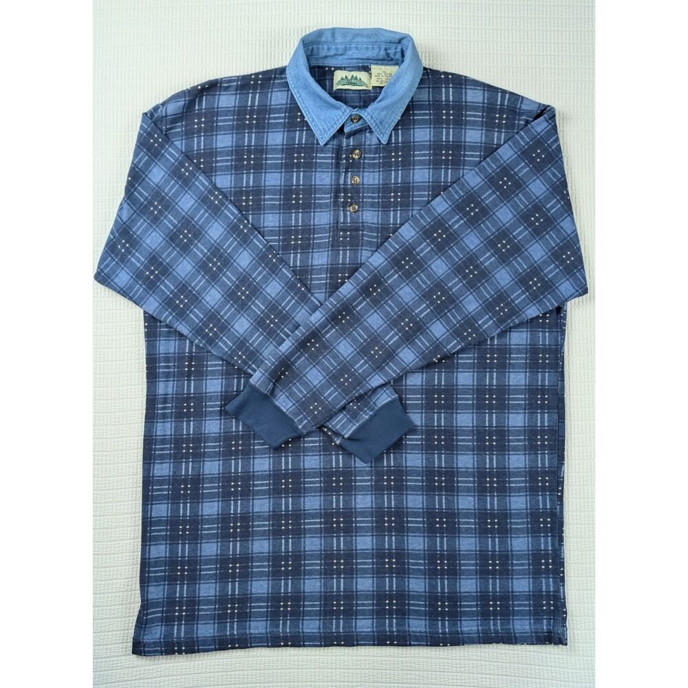 Vintage Timber Trail Mens XL Henley Shirt Blue Plaid Flannel Denim Collar 90s